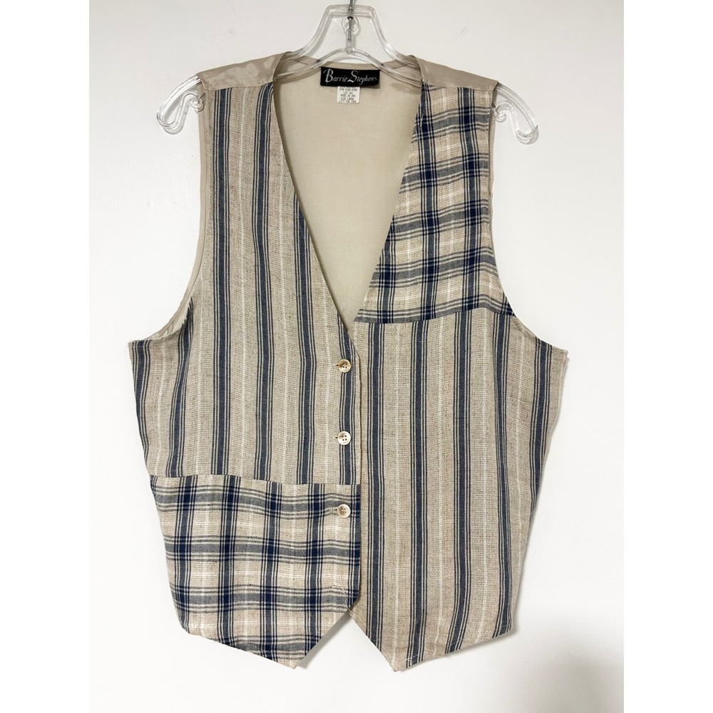 Barrie Stephens Vintage Plaid Striped Linen Blend Vest Made in USA Large Beige